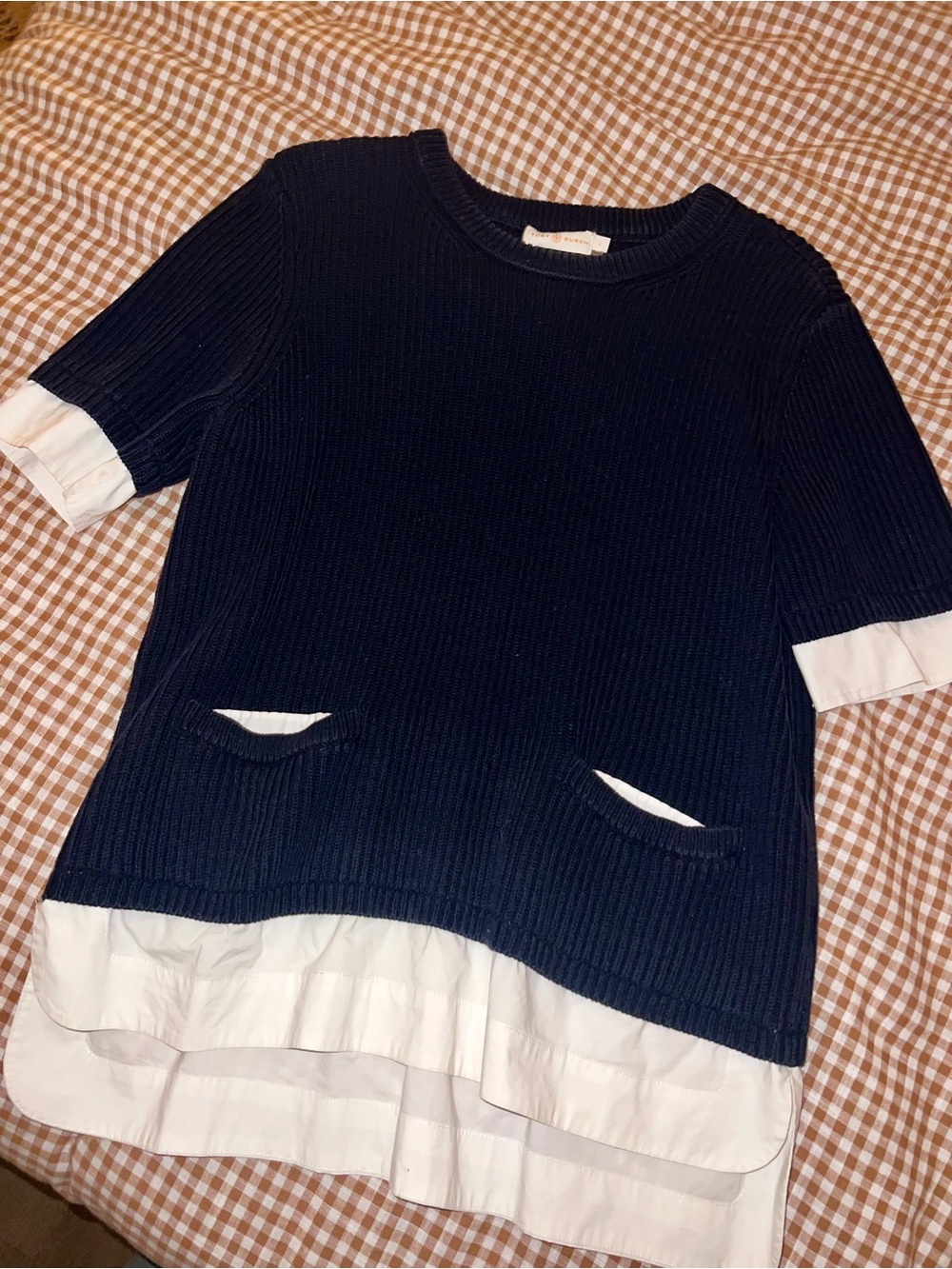 Tory Burch navy blue twofer sweater top